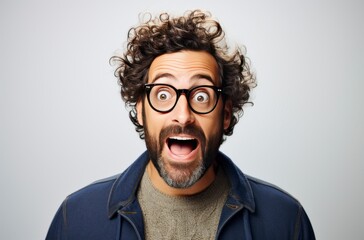 Closeup portrait of a surprised man with curly brown hair and glasses. His mouth is wide open in shock or amazement