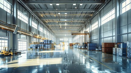 Modern, spacious warehouse interior with forklift and stacked cargo containers.