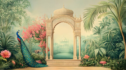 A Peacock Stands in a Lush Garden with a Ornate Archway Leading to a Distant Palace Illustration