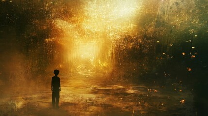 Fototapeta premium Silhouette child, glowing path, mysterious golden landscape.