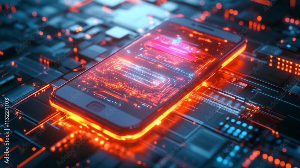 Poster a glowing smartphone on a circuit board, symbolizing advanced technology.