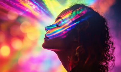 Naklejka premium Silhouette, colorful light, face, closed eyes, hair.