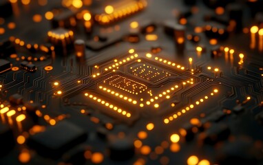Obraz premium Close-up of illuminated circuitry and central processing unit on a microchip.