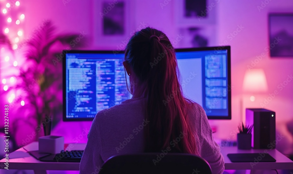 Poster A person coding at a dual-monitor setup in a colorful, ambient workspace.