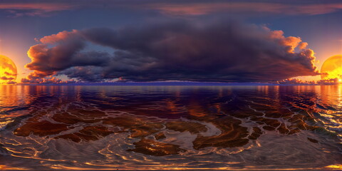 Full 360 degrees seamless spherical panorama HDRI equirectangular projection of An endless horizon where the fiery sun. Texture environment map for lighting and reflection source rendering 3d scenes.