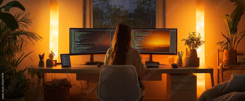 Poster a person working at a dual-monitor setup in a cozy, well-lit workspace.