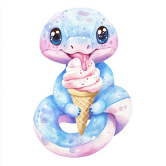 Kawaii cute adorable little watercolor style polar snake holding an ice cream cone, object, plastic, gift, green, 