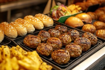Naklejka premium Lot of hot grilled meatballs or small hamburgers 