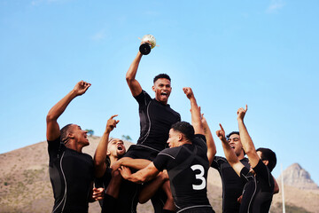 Men, celebrate and rugby ball for energy, outdoor or challenge with exercise, wellness and fitness....