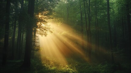Fototapeta premium Golden sunbeams illuminate misty, green forest.