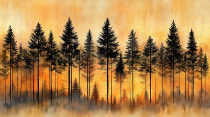 Obraz premium A serene forest silhouette against a warm, glowing sunset backdrop.