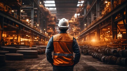 Industrial Worker Surveys Massive Factory Production Facility