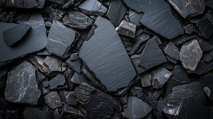 Dark slate stone wall texture background, natural black rock surface pattern with rough edges and layers