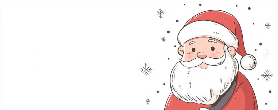 Adorable cartoon Santa Claus with a round face, soft white beard, rawn minimalist white background