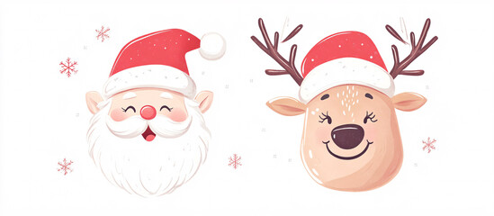 Cheerful Santa Claus and cute reindeer cartoon faces side by side, both with happy expressions, white background.