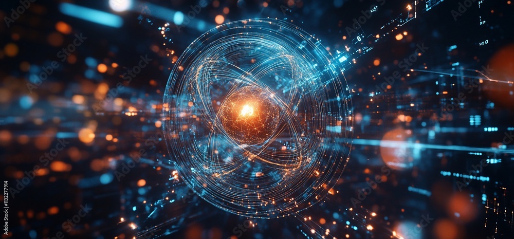 Aufkleber Abstract representation of atomic structure with glowing particles and data flow.