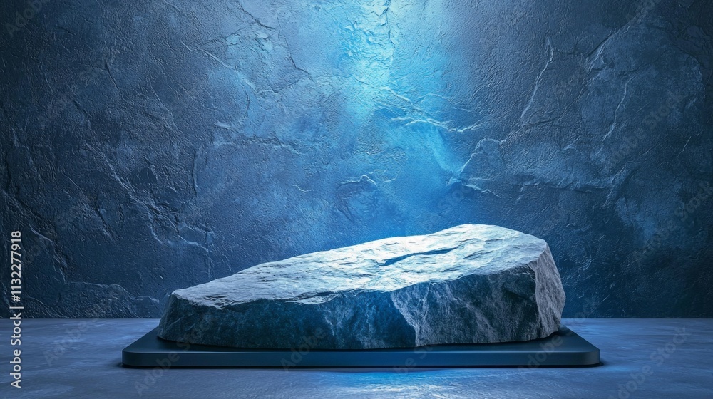 Aufkleber a natural rock stone podium rests on a sleek surface, illuminated by soft blue light. this display e