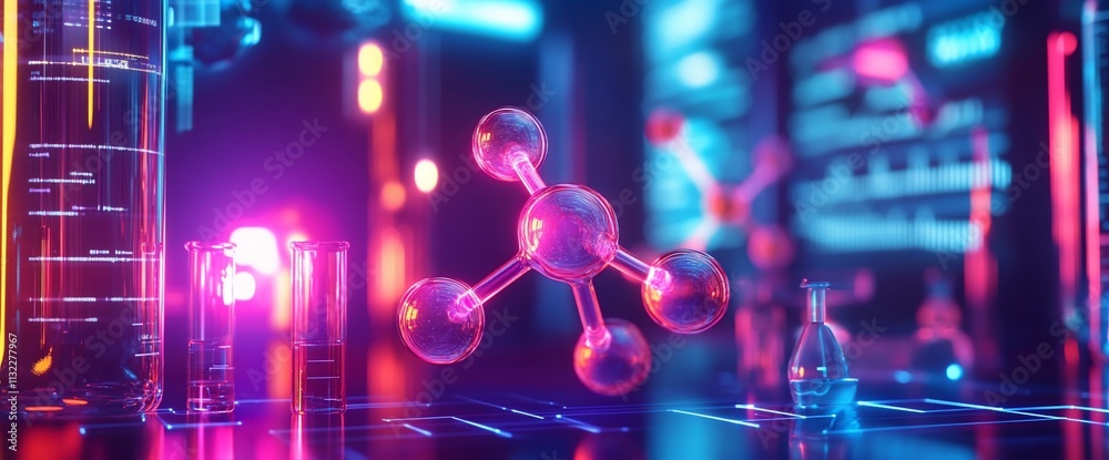 Poster Abstract representation of molecular structures in a futuristic lab setting.