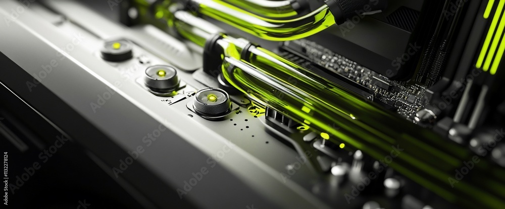 Poster Close-up of a computer cooling system with vibrant green tubes and components.