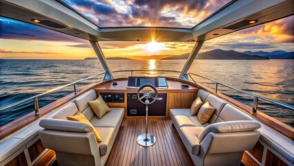 Obraz premium Luxurious motor yacht cockpit offering stunning ocean views, yacht, luxury, motor, cockpit, view, ocean, sea, sailing, boat