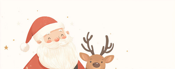 Cute Santa Claus with a fluffy beard and a cheerful reindeer, white background.