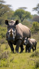 Fototapeta premium Mother rhinoceros and calf in lush grassland, textured skin, sunlight highlighting, wild shrubs backdrop