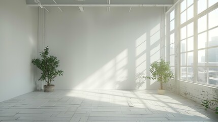 Fototapeta premium Sunlit Minimalist Room with Plants and Large Windows
