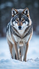 Close-up of a wolf standing in snow, thick gray and white fur, piercing yellow eyes, forest backdrop