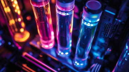 Colorful liquid-filled tubes in a high-tech setting.