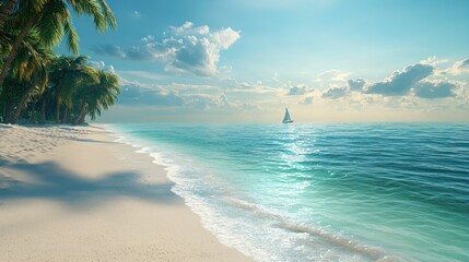 A serene beach scene with palm trees, soft waves, and a distant sailboat under a bright sky.