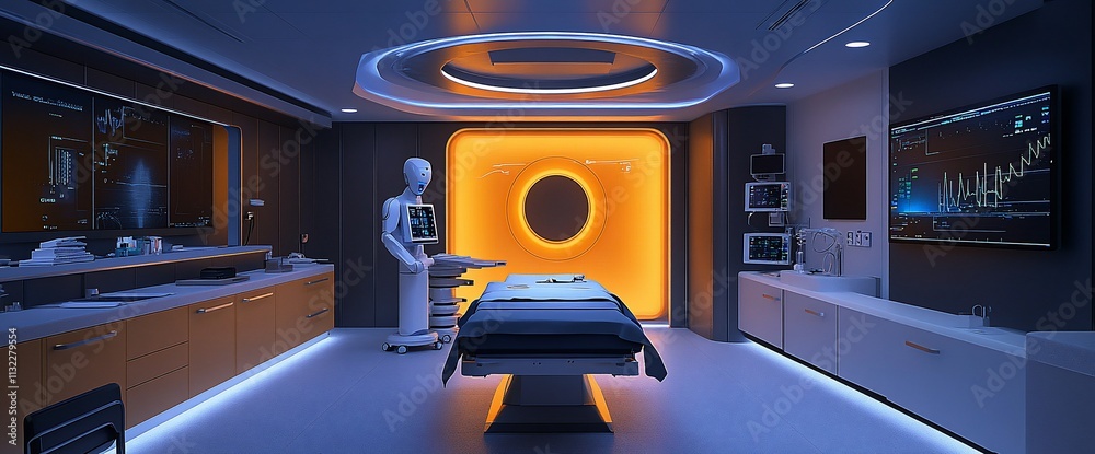 Poster futuristic medical room with advanced technology and a robotic assistant.