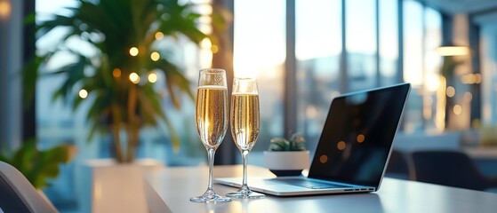 Virtual corporate celebration with laptop and champagne glasses, remote party atmosphere, professional and festive design, modern office setting, sleek and clean lines