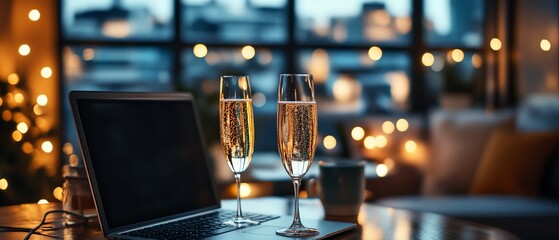 Virtual corporate celebration with laptop and champagne glasses, remote party atmosphere, professional and festive design, modern office setting, sleek and clean lines