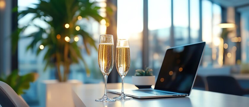 Virtual corporate celebration with laptop and champagne glasses, remote party atmosphere, professional and festive design, modern office setting, sleek and clean lines