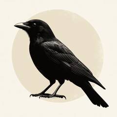 Fototapeta premium Black crow illustration on beige circle background.