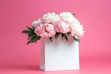 White Gift Bag with a Bouquet of Peonies on Pink Background for Elegant and Charming Branding