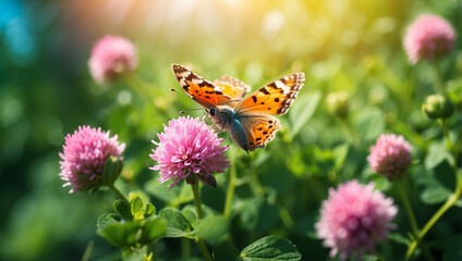 Obraz premium Wild Flowers of Clover and Butterfly