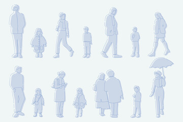 flat minimal people male and female vector illustration in winter clothing concept isolated set collection. Outline with silhouette shadow. For architecture rendering, design, info graphic, media