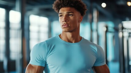 Fototapeta premium A male model in light blue t-shirt, energetic gym environment