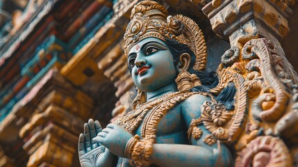 Fototapeta premium Vishnu is the god of Preservation, the great maintainer who often appears in various incarnations avatara to provide salvation for humanity Some of his best-known avatars who are tremendously pop. AI