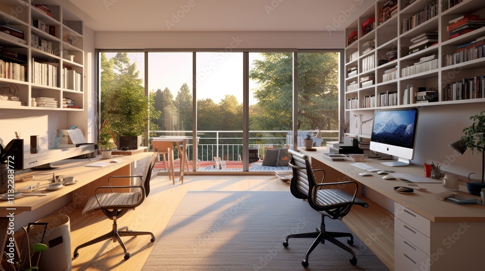 Poster modern home office with large windows and built in bookshelves