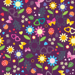 Seamless springtime pattern with flowers leaves hearts bees ladybugs butterflies 