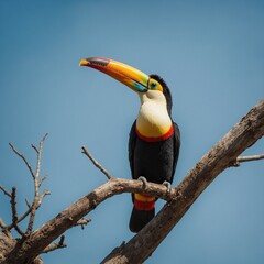 Obraz premium A toucan with its colorful beak against a blue sky.