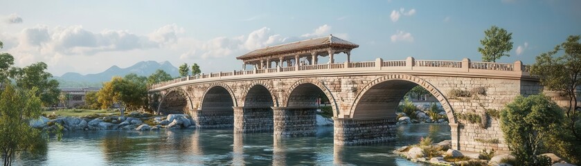 Obraz premium Cross bridge ancient theme 3D render triadic color scheme