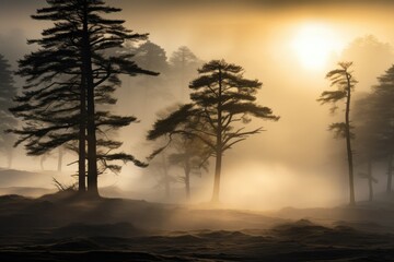 Fototapeta premium The Misty Silhouette of Trees Ascending from the Ethereal Fog Creating an Enigmatic and Otherworldly Atmosphere