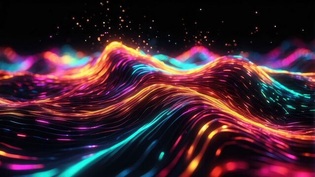 A vibrant, abstract representation of undulating waves formed by a grid of colorful dots,