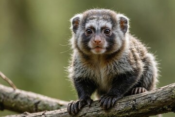 Obraz premium Close view of Common Marmoset cub against natural environment blurred background.