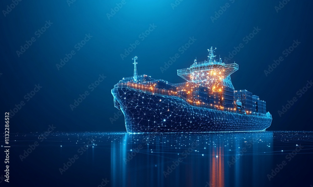 Poster a digital representation of a cargo ship in a futuristic style.