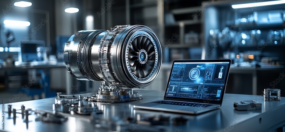 Aufkleber A detailed turbine engine with a laptop displaying technical data.