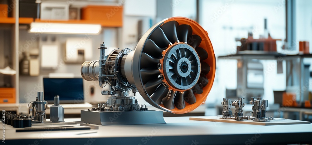 Poster a detailed view of a jet engine model in a workshop setting.